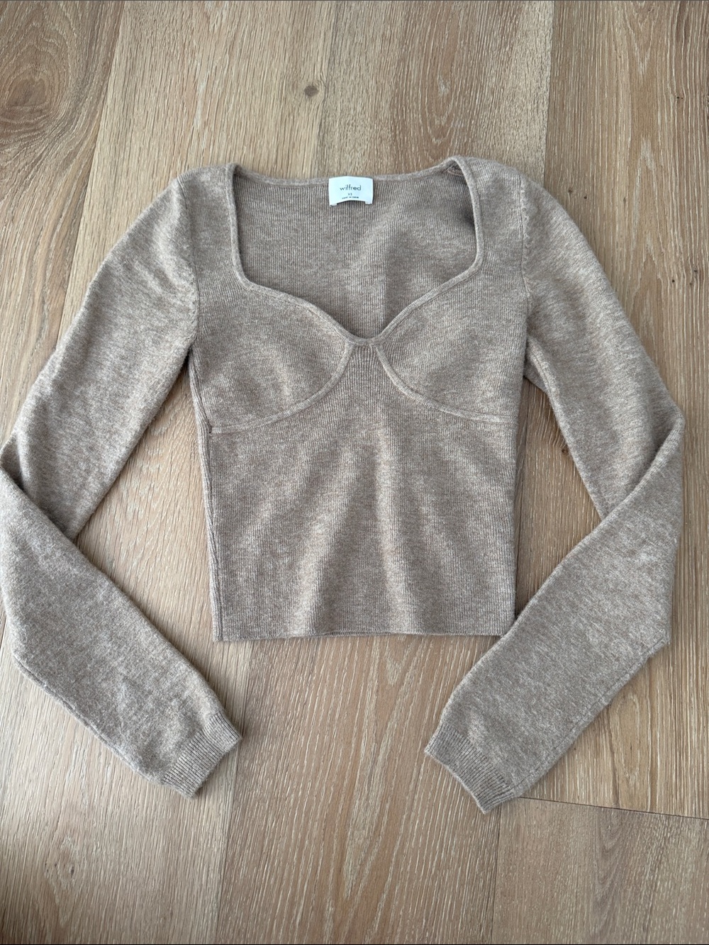 Aritzia Neutral Taupe Square-Neck Ribbed Long-Sleeve Crop Top - Picture 2 of 4